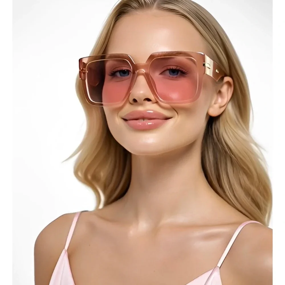Womens Oversized Square Pink‎ Sunglasses Gold Hardware Transparent Tinted Shades